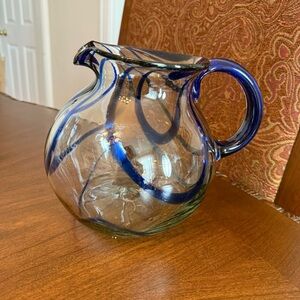 Hand-blown Glass Pitcher with a Blue Swirl Design